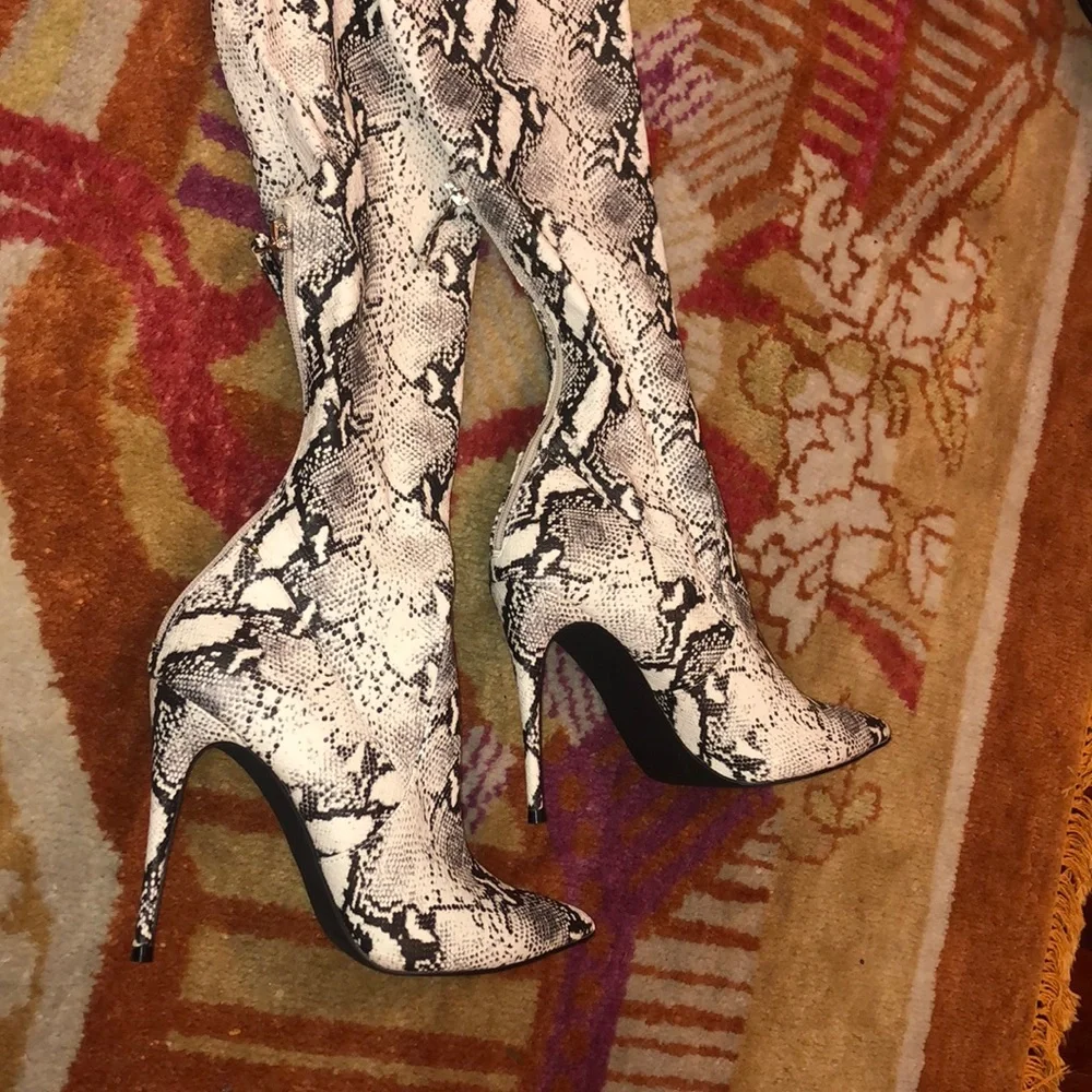 Steve Madden Snake Print Over-the-Knee Stiletto Boots in Grey and Cream